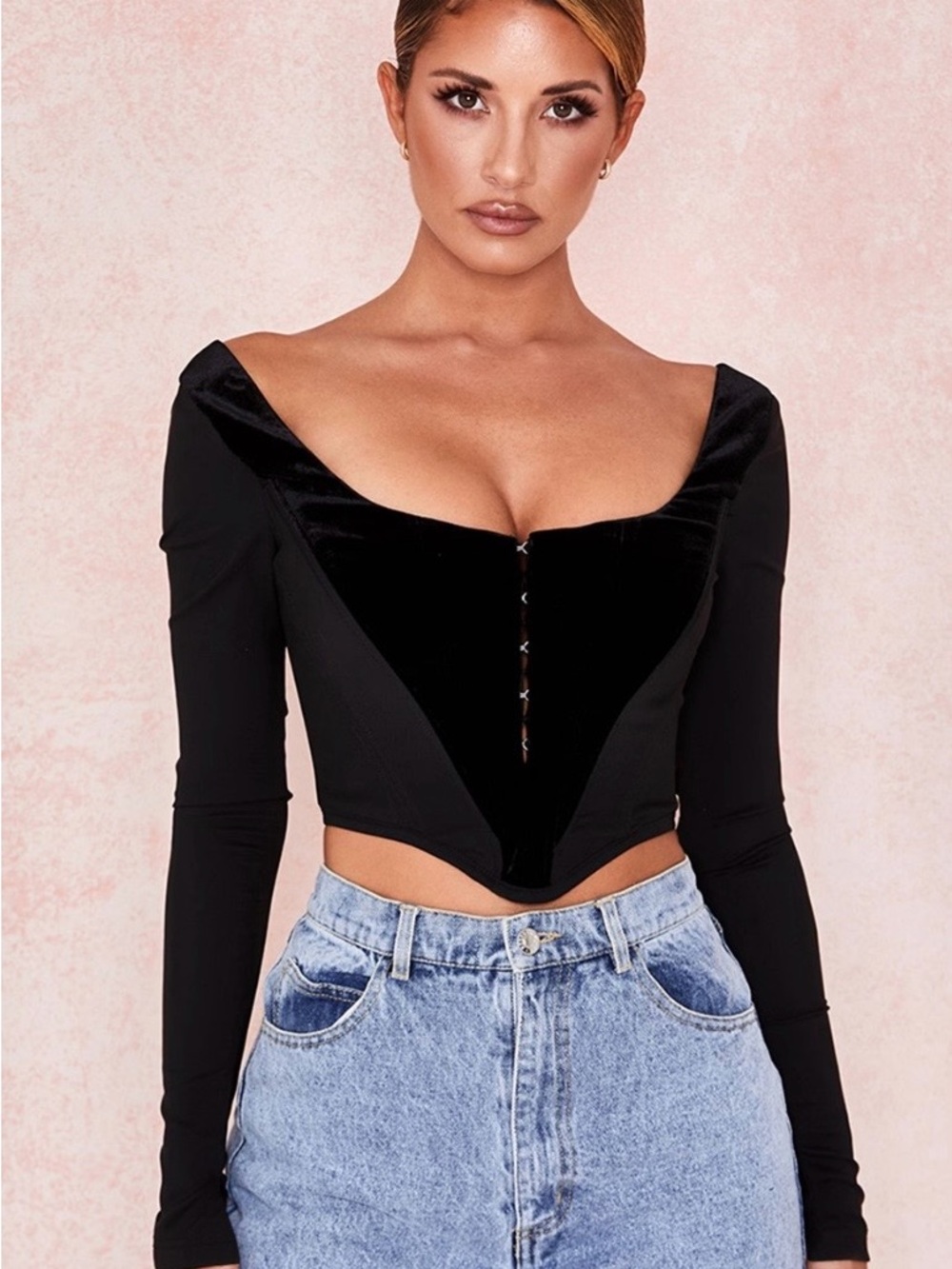 House of CB Black Off-Shoulder Velvet-Trim Corset Crop Top